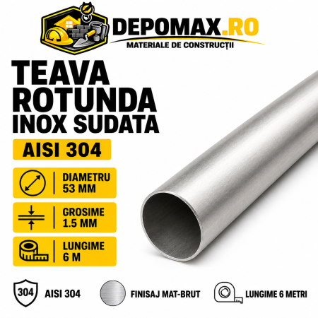 Teava rotunda inox sudata AISI 304, 53 x 1.5 mm, 6 metri